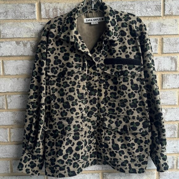 Zara SRPLS Long Sleeve Button Up Animal Print Cotton Blend Jacket Women's Size L - Picture 1 of 11